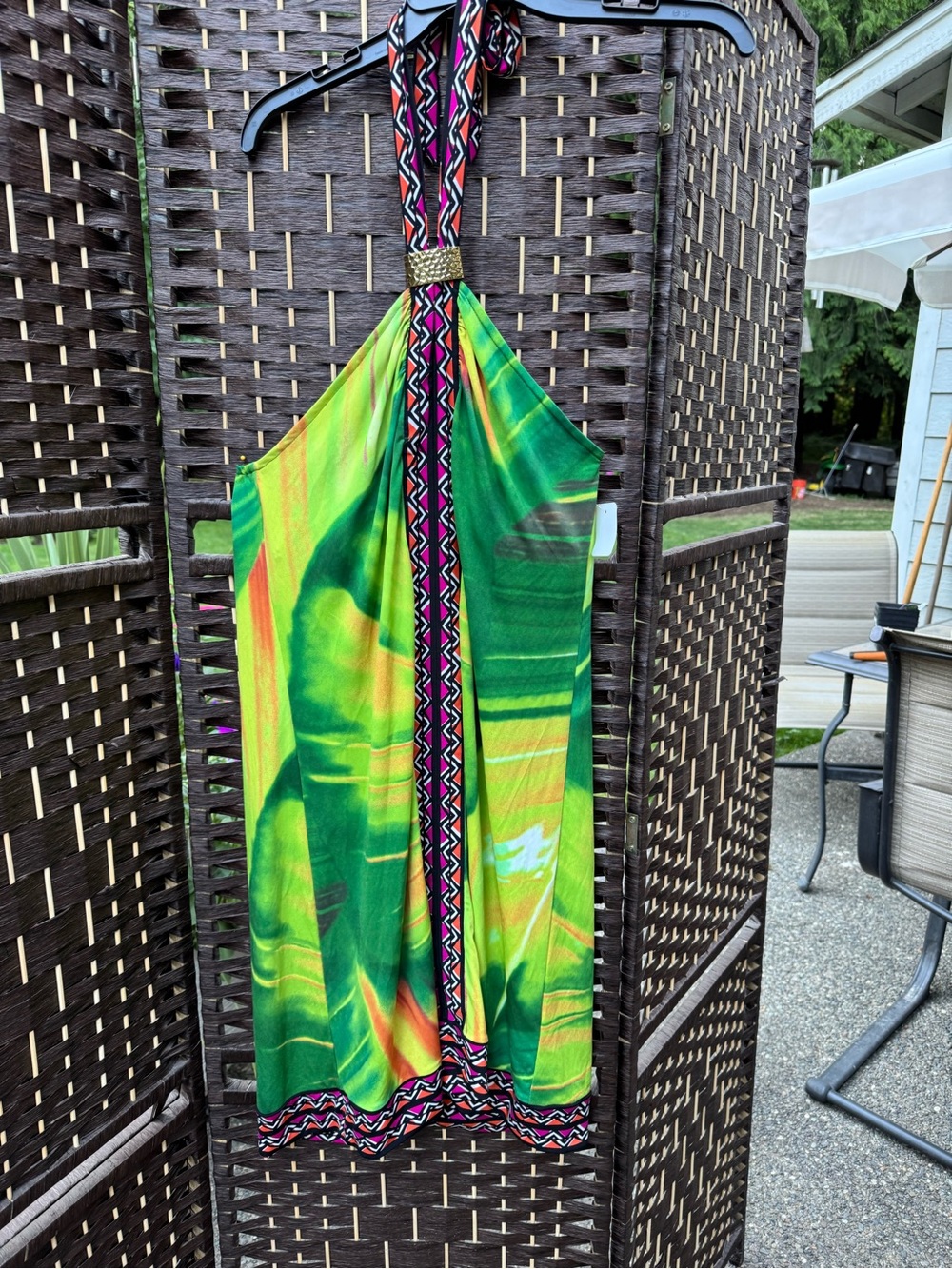 Calvin Klein Green Tie-Dye Halter Dress with Pink & Black Trim